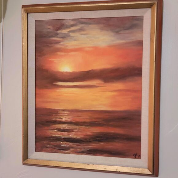 VTG 1973 Ocean Sunset Sea Landscape Oil Painting Frame 21 1/2" x 24 1/2" Red Sky - Picture 12 of 16